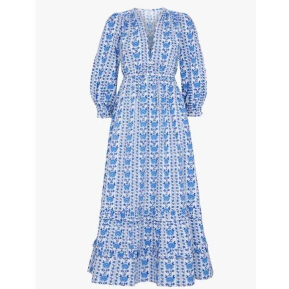 NWT PINK CITY PRINTS Melanie in Sky Alpine Floral Cotton Midi Dress L